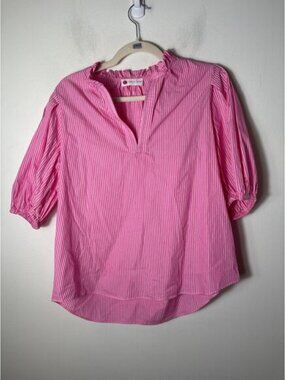 Caryn Lawn Pink With White Stripes V Neck Top Sz L